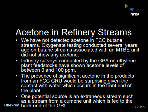 Acetone in refinery streams.