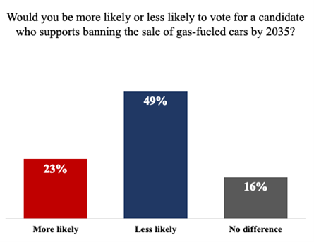Would you be more likely or less likely to vote for a candidate who supports banning the sale of gas-fueled cars by 2035?