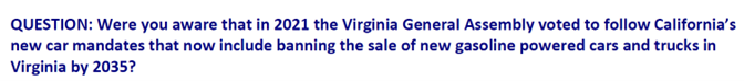 QUESTION: Were you aware that in 2021 the Virginia General Assembly voted to follow California’s  new car mandates that now include banning the sale of new gasoline powered cars and trucks in Virginia by 2035?